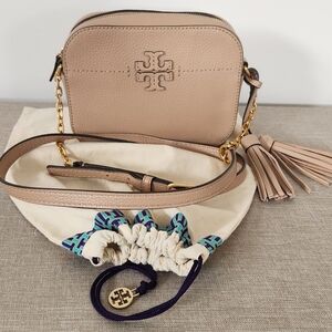 Tory Burch Beige Leather Crossbody Bag with Tassel